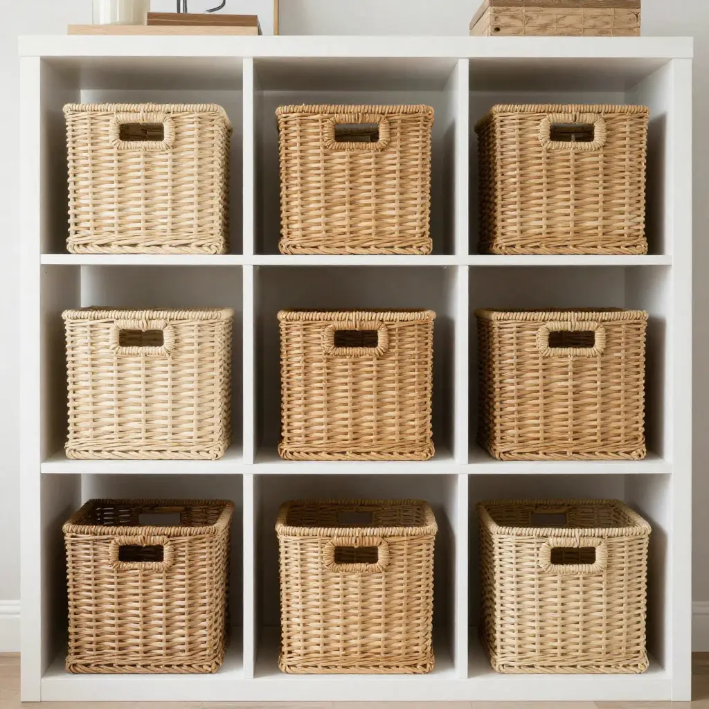 Neatly organized storage shelves with decorative baskets